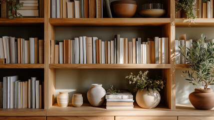 Cozy Reading Nook: A warm, inviting bookshelf, filled with various books, vases and plants creating a perfect reading environment.
