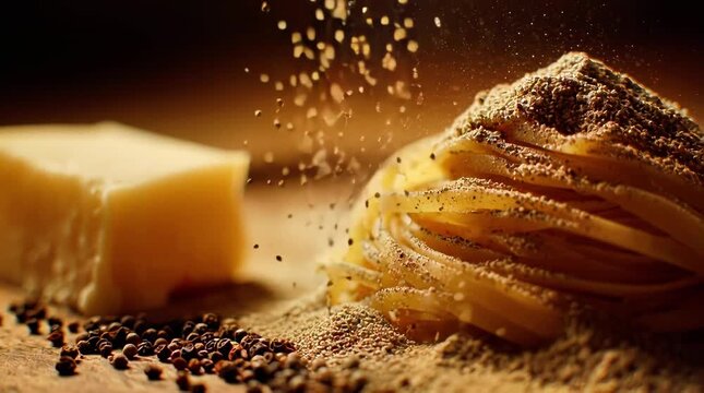 Delicious Pasta with Parmesan Cheese and Black Pepper Falling Slow Motion Food Stock Video for Italian Cuisine Cooking Backgrounds and Restaurant Menus