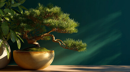 Serene Bonsai: A meticulously crafted bonsai tree stands gracefully in its pot, bathed in soft light, evoking a sense of tranquility.