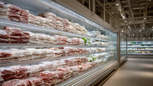 A refrigerated distribution zone where shelves overflow with neatly stacked, vacuum-sealed meats, the cold environment highlighted by light fog and reflective surfaces