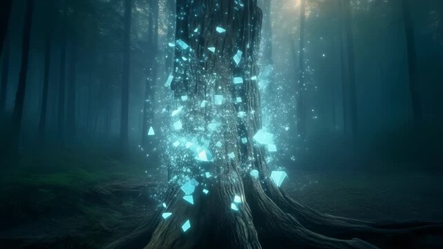 Majestic ancient tree standing tall in a misty forest with blue-green tones