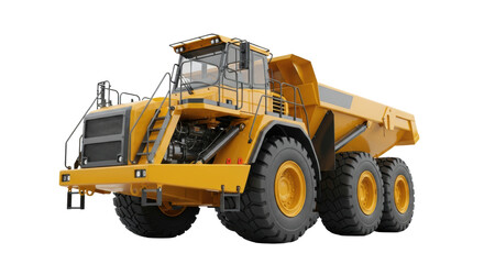Massive construction yellow articulated dump truck (adt) 3d rendering, low-angle, sharp focus on exposed hydraulics and deep-tread tires on transparent background, concept of modern industrial
