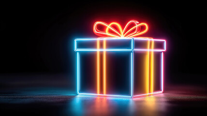 Dark background with neon glowing gift box highlighting online shopping sales for holiday season