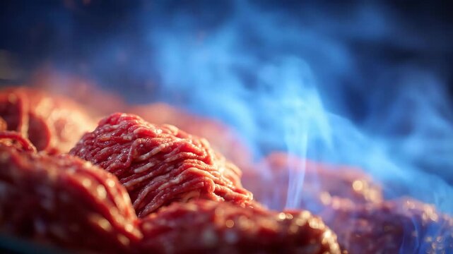 A vivid close-up of hot, freshly processed ground meat, showcasing its fibrous texture and subtle steam drifting through the frame