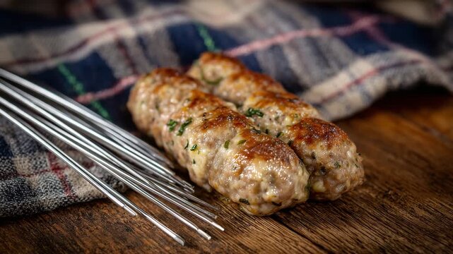 A traditional sausage pricker with fine metal needles shown up close, resting next to freshly stuffed sausages, embodying the precision of handcrafted production
