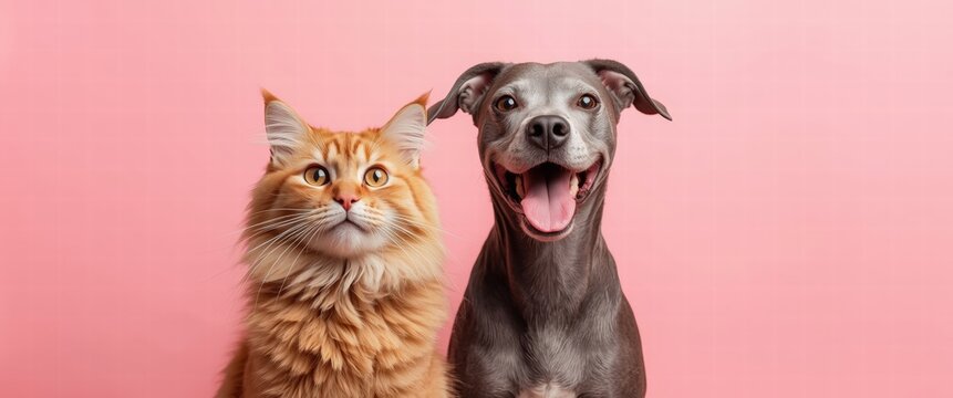 Sweet Domestic Animals Ginger Cat and Happy Dog Looking at Camera on Pink Background
