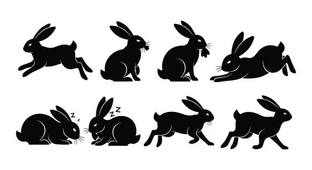 Silhouettes of rabbits in various poses running sitting and sleeping