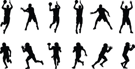 American football player silhouettes set, athlete action poses, rugby sport movements, isolated black figures, running jumping catching throwing defensive offensive teamwork energy motion