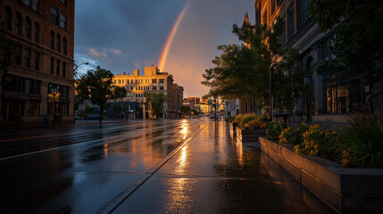 Naklejka premium Urban Rainbow's Embrace: Witness the city bathed in the ethereal glow of a rainbow after a refreshing rain. Buildings stand tall, reflecting the vibrant colors in the glistening pavement.