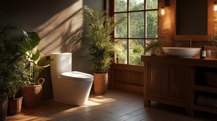 Serene Bathroom Oasis: A tranquil bathroom bathed in natural light, featuring elegant fixtures and lush greenery, a sanctuary of relaxation.