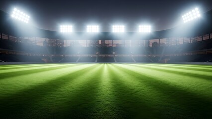 Professional football pitch focusing on the green turf with intense stadium lighting creating a dramatic sports atmosphere.