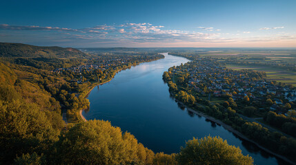 Serene River Valley: An aerial view showcases a majestic river winding through a lush valley, with a small town nestled on its banks, bathed in the soft glow of dawn.