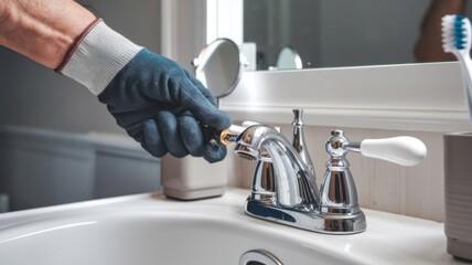 Gloved hand unscrews faucet valve core for maintenance, showing plumbing repair process in home bathroom, close-up view.