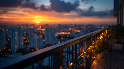 City Sunset Panorama: Capturing the tranquil moment of dusk over a bustling cityscape, a balcony offers a serene vantage point to witness the fiery hues of a setting sun.