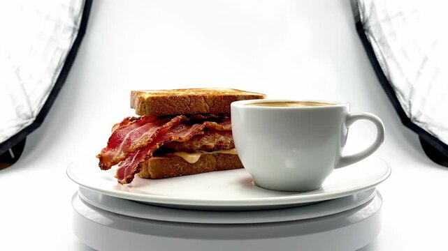 Isolated studio shot of a perfectly constructed bacon sandwich on a plate spinning slowly beside a white coffee cup against a clean background detail, drink, appetizer