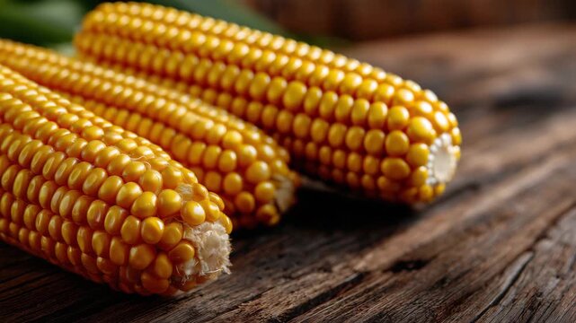 Close-up detail of plump golden corn kernels on rustic wood, with earthy textures of the table and subtle highlights enhancing the freshness and richness of the harvest