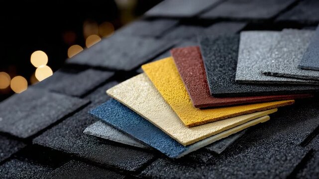Brightly lit rooftop scene with several shingle color samples fanned out on dark roof tiles, highlighting contrast and selection possibilities for home improvement