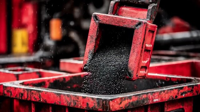 Medium shot of rubber pellets pouring from a machine hopper into a container for reuse in manufacturing