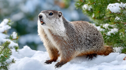 Obraz premium Marmot emerging from hibernation, standing alert in fresh winter snow, observing its surroundings near a frosted pine tree on a cold day