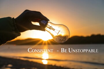 Glass Bulb Lifted into Sunrise Inspiring Consistency and Motivation