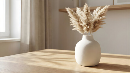 Minimalist interior background with pampas grass in white vase on wooden table for product presentation