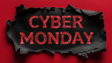 Creative cyber monday layout showing torn black paper and text on bright red background
