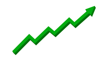 Green 3D upward zigzag line arrow graph moving up concept of stock market business growth, financial profit, business trend, company growth. Business grow up sign. Vector illustration.
