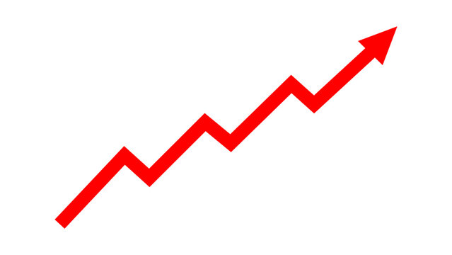 Red upward zigzag line arrow graph moving up concept of stock market business growth, financial profit, business trend, company growth, economic growth. Business grow up sign. Vector illustration.