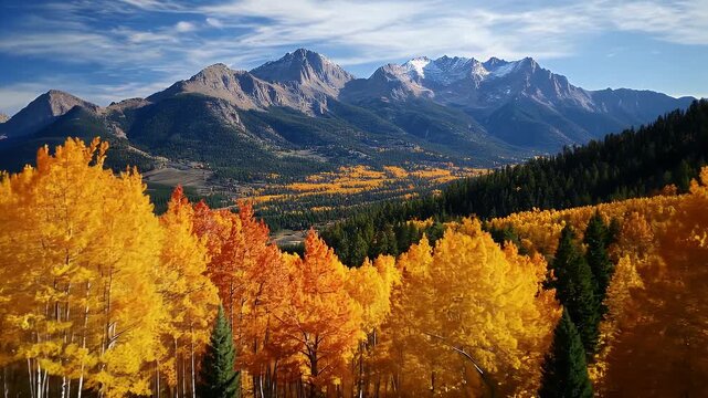 Stunning autumn landscape featuring vibrant golden aspen trees in the foreground with majestic snow-capped mountain peaks under a clear blue sky in the background.