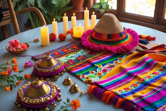 Andean diablada mask with candlelight and textiles, generative AI photo
