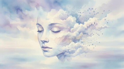 Abstract dreamy image: serene face with closed eyes partially dissolving into soft clouds, symbolizing peaceful mind