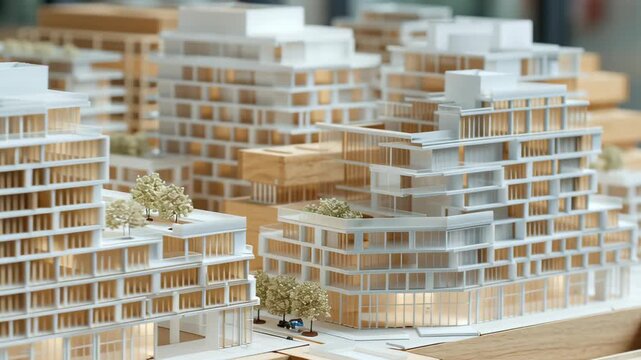 Close-up architectural massing miniature model showing mixed residential retail workspace layers, clean editorial future urbanism, mixed use urban project