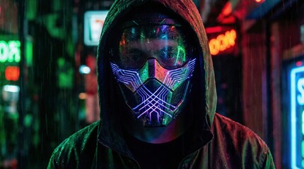 person with futuristic face mask, intricate laser-patterned lines symbolizing data protection, sharp contrasts, dramatic cyberpunk lighting