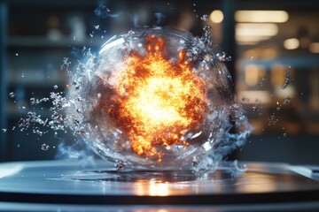 Explosion of fire and water contained in a glass sphere in a modern lab setting