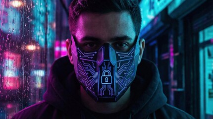 person with futuristic face mask, intricate laser-patterned lines symbolizing data protection, sharp contrasts, dramatic cyberpunk lighting