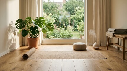 Peaceful Home Yoga Studio with Monstera Plant and Diffuser