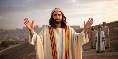 Fototapeta premium A biblical depiction of Jesus Christ praying with hands raised over Jerusalem. A historical prophet giving a sermon on a hill at sunset. Faith and religion concept