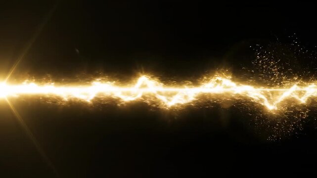 Isolated vibrant golden laser beam effect streaking horizontally with powerful white light highlights across a solid black screen for compositing channel, motion, transition