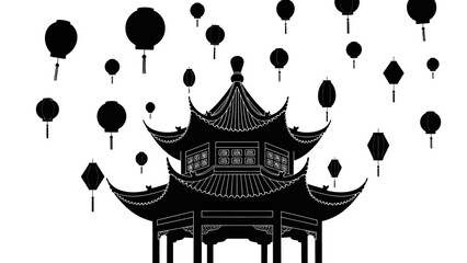 Traditional Chinese Pagoda with Lanterns Illustration. © Nasoha_Alhabib