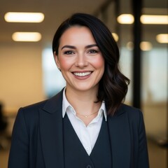 Smiling Businesswoman in Office Attire.