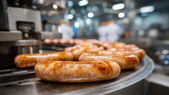 Close-up view of fresh sausages emerging from a stainless-steel filling machine, their glossy surfaces reflecting the bright, sterile factory lights in a modern food production fac