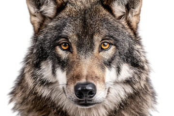 Obraz premium Gray wolf standing isolated on a white background facing forward