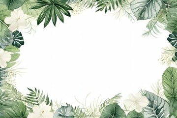 Naklejka premium Watercolor tropical leaves and white flowers forming a decorative border