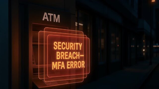 Security breach alert with multi factor authentication error warning displayed on ATM screen at night highlighting digital security risk and cybersecurity breach in urban environment