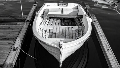 A small white boat moored at a wooden dock floats on calm water.