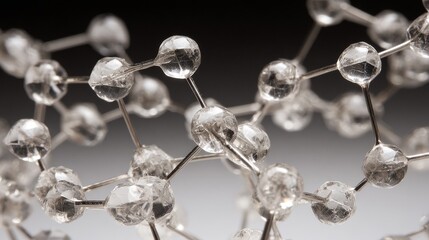 Intricate 3D molecular model constructed from clear crystal spheres and metallic rods, symbolizing scientific discovery and complex connections.