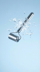 Shiny metal face roller with ice shards and water splashes against a light blue background
