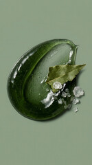 Green herbal gel with salt crystals and bay leaf on a muted green background