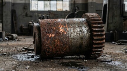 Large rusty industrial metal gear abandoned on concrete factory floor
