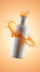 White bottle with amber liquid splashing dynamically against a soft orange background
